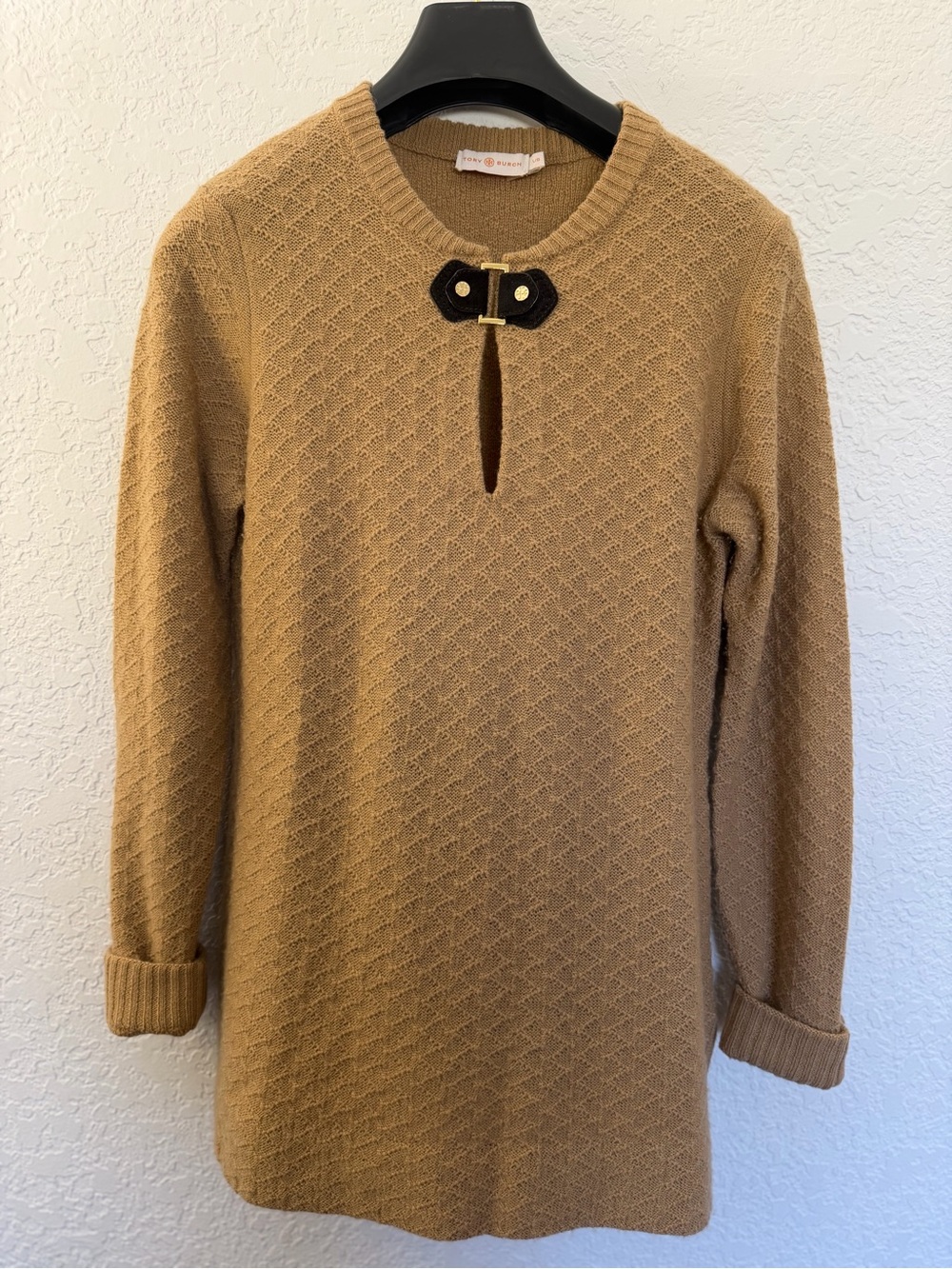 Tory Burch Camel Knit Tunic with Contrast Tab Detail